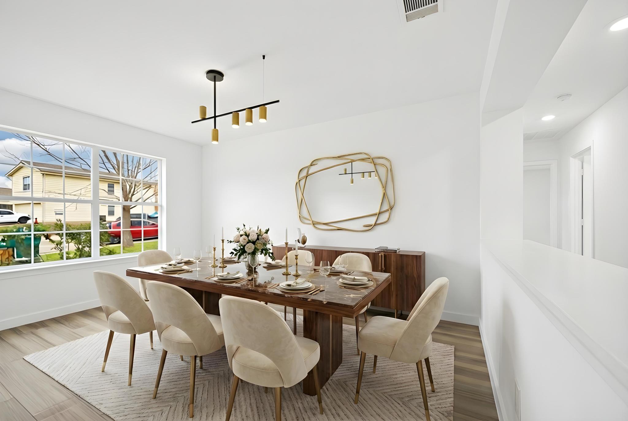 13501 Sierra Wind Lane Elgin, TX 78621 - Photo 6 of 19 Dining area featuring light wood-finish flooring, a large window with multiple panes, and a modern linear chandelier