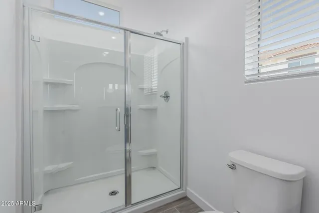 a bathroom with a shower and a toilet