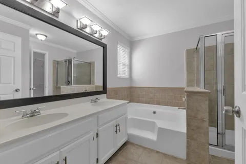 a bathroom with a sink a large mirror and a bathtub