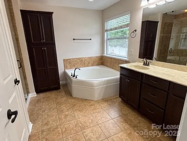a bathroom with a bathtub sink and mirror