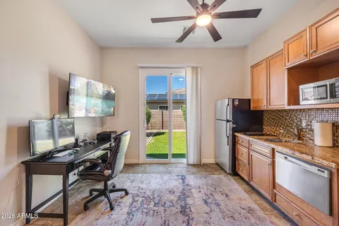 a view of an empty room with shelves