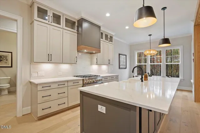 a large kitchen island in the center