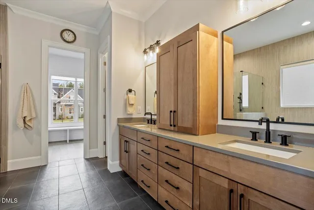 a white table sitting next to a bathroom