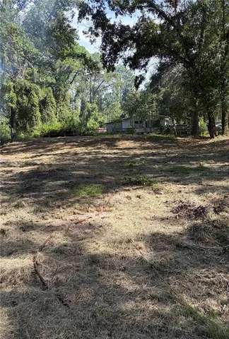 a view of a yard with large trees