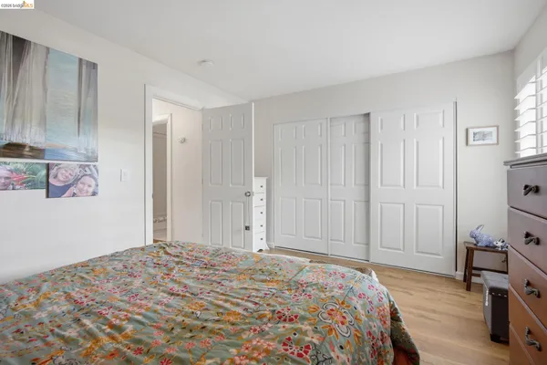 a bedroom with a bed and a closet