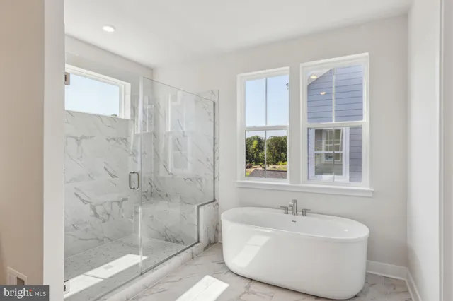 a bathroom with a bathtub and shower
