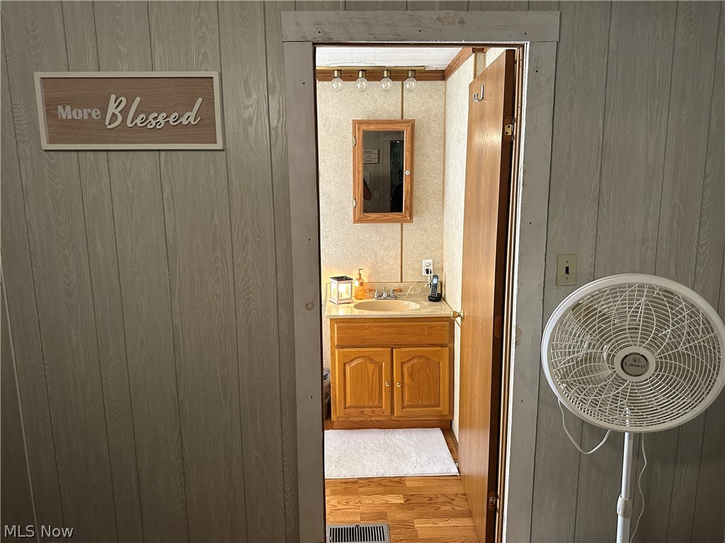 4041 Gray Road Kimbolton, OH 43749 - Photo 27 of 32 Bathroom with vanity with extensive cabinet space, wood walls, and wood-type flooring