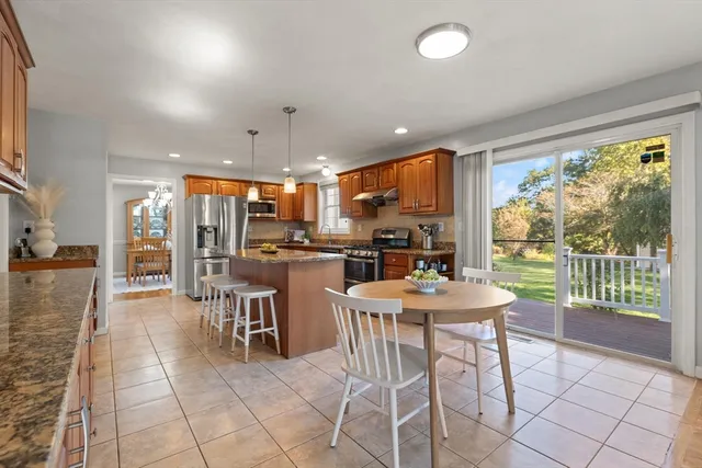 a view of a dining room with furniture window and outside view