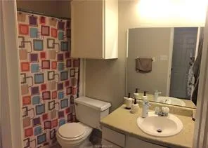 a bathroom with a sink a toilet and shower curtain