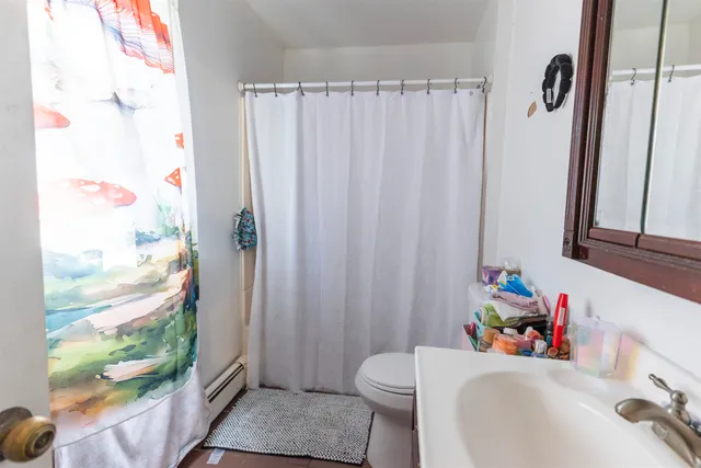 a bathroom with a sink toilet and shower curtain