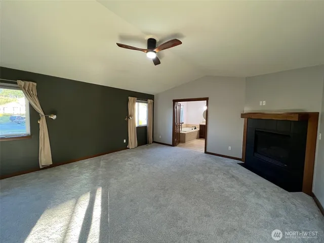 a view of empty room with windows and fireplace