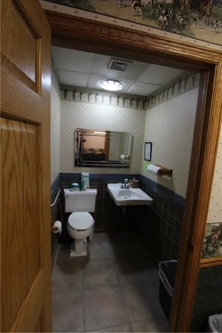 a bathroom with a toilet sink and mirror