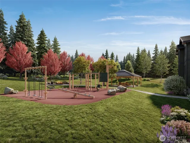 a view of a park with houses