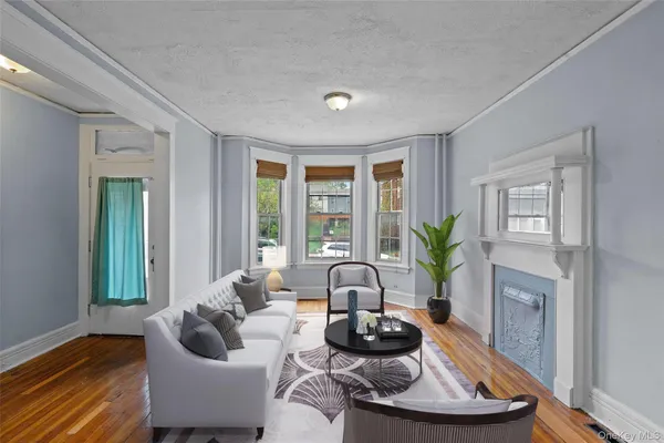 a living room with furniture and a potted plant