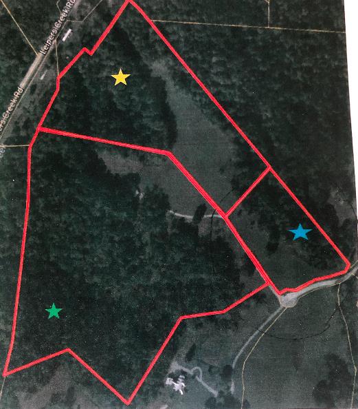15.434 acre parcel marked with yellow star. Driveway along easement between 5 & 30 acres parcels. 