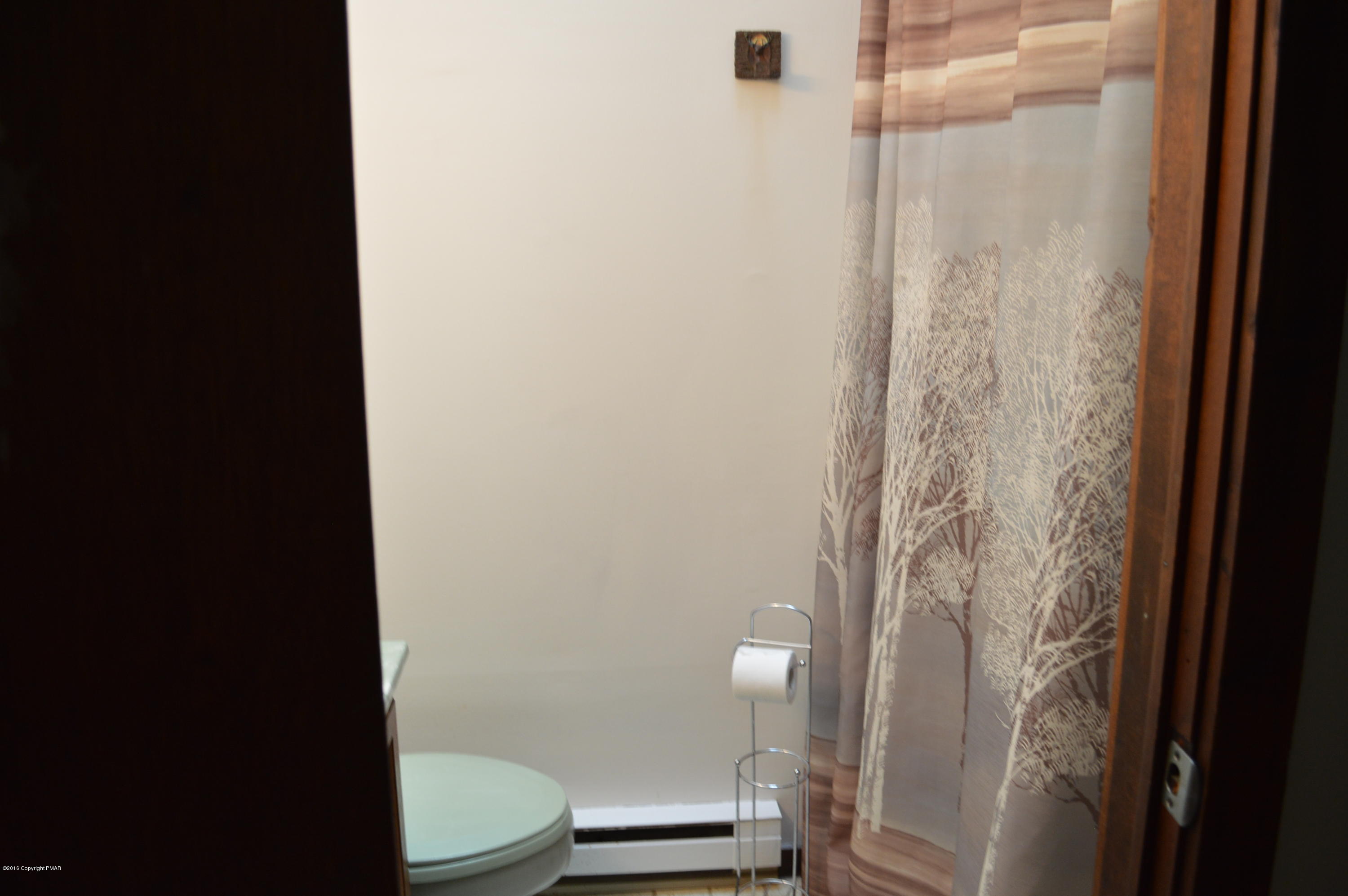 256 Fern Ridge Road Blakeslee, PA 18610 - Photo 15 of 27 a bathroom with a toilet and a shower curtain