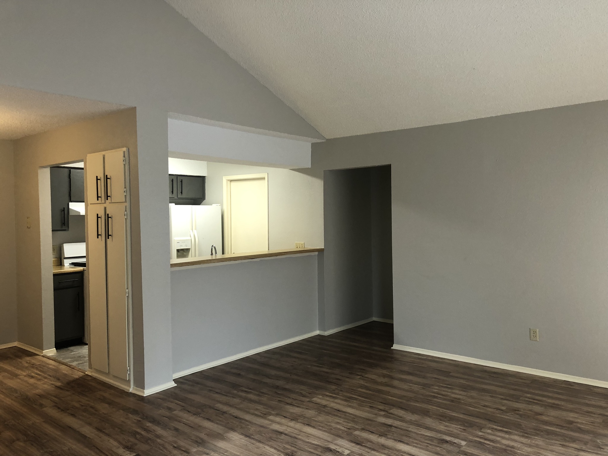 7002 Ivory Key Court, Unit B Austin, TX 78745 - Photo 5 of 10 Unfurnished living room with dark wood finished floors, vaulted ceiling, and a textured ceiling