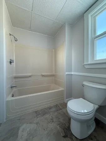 a bathroom with a toilet and a tub