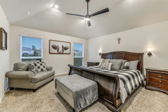 a bedroom with a large bed and a chandelier