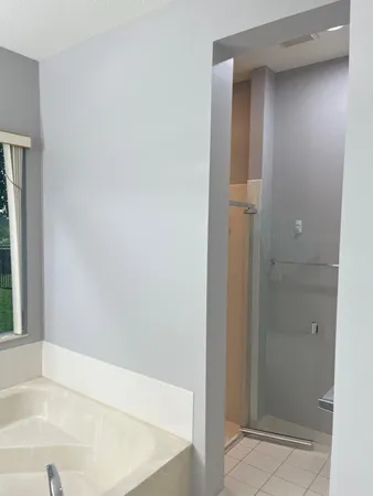 a bathroom with a bathtub