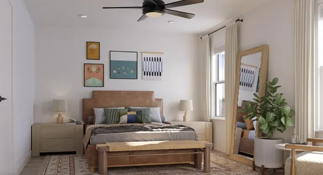 a bedroom with a bed and a table