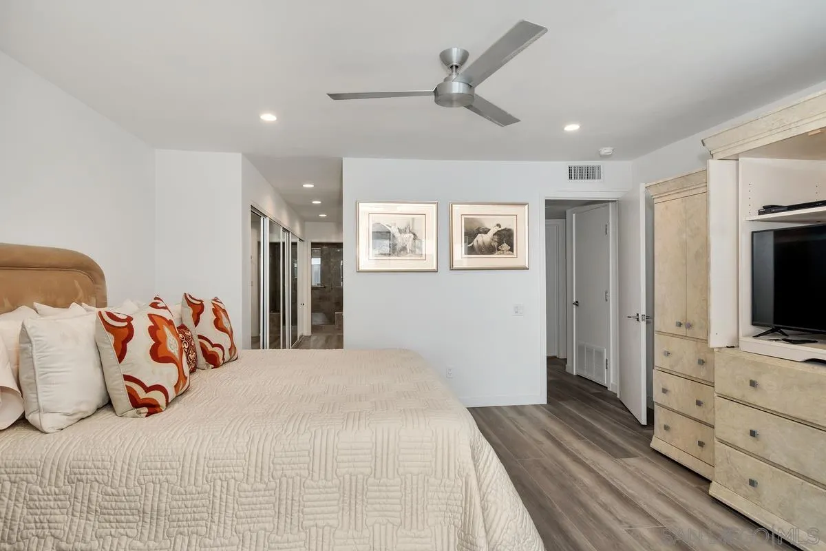 100 Coast Boulevard, Unit 304 La Jolla, CA 92037 - Photo 22 of 36 a bedroom with a bed and a flat tv screen on dresser