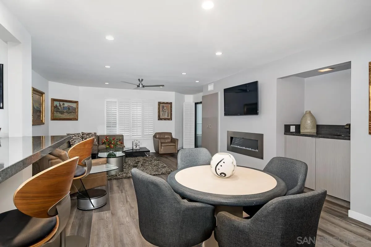 100 Coast Boulevard, Unit 304 La Jolla, CA 92037 - Photo 8 of 36 a living room with furniture a fireplace and a flat screen tv