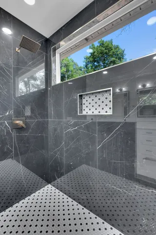 a bathroom with a bathtub
