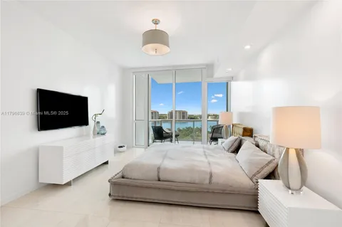 a bedroom with a large bed and a flat screen tv
