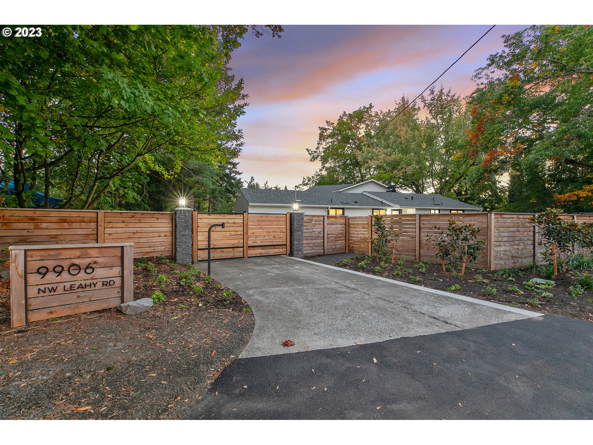 a view of a dry yard with wooden fence