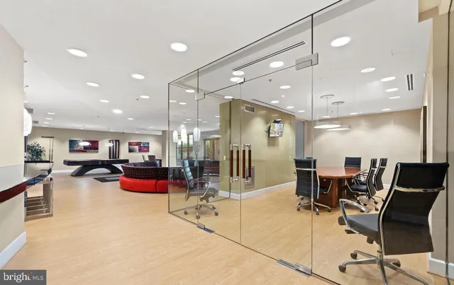 a view of a dining room with furniture