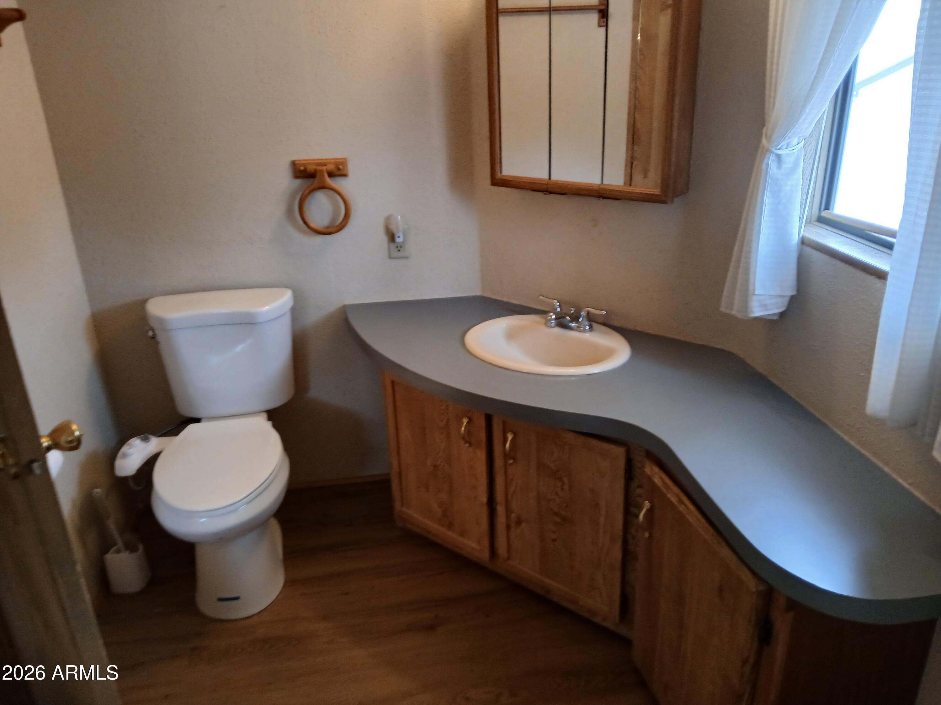 834 South Meridian Road, Unit 162 Apache Junction, AZ 85120 - Photo 9 of 32 a bathroom with a toilet sink and mirror