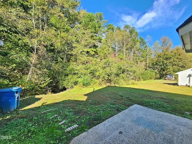 a view of a garden with large trees