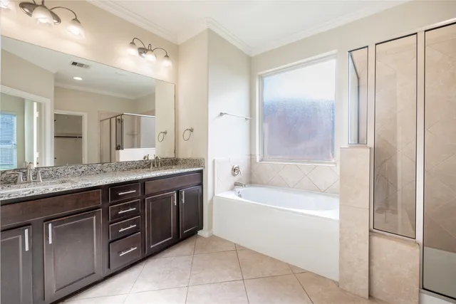 a spacious bathroom with a granite countertop tub sink shower and mirror