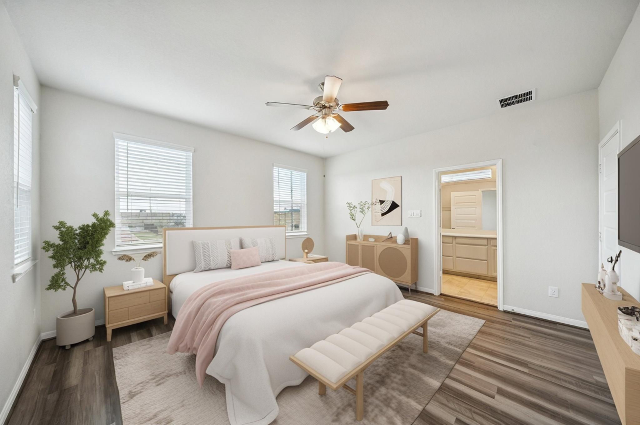 9817 Prairie Garden Lane Houston, TX 77080 - Photo 15 of 36 a spacious bedroom with a bed and a chandelier