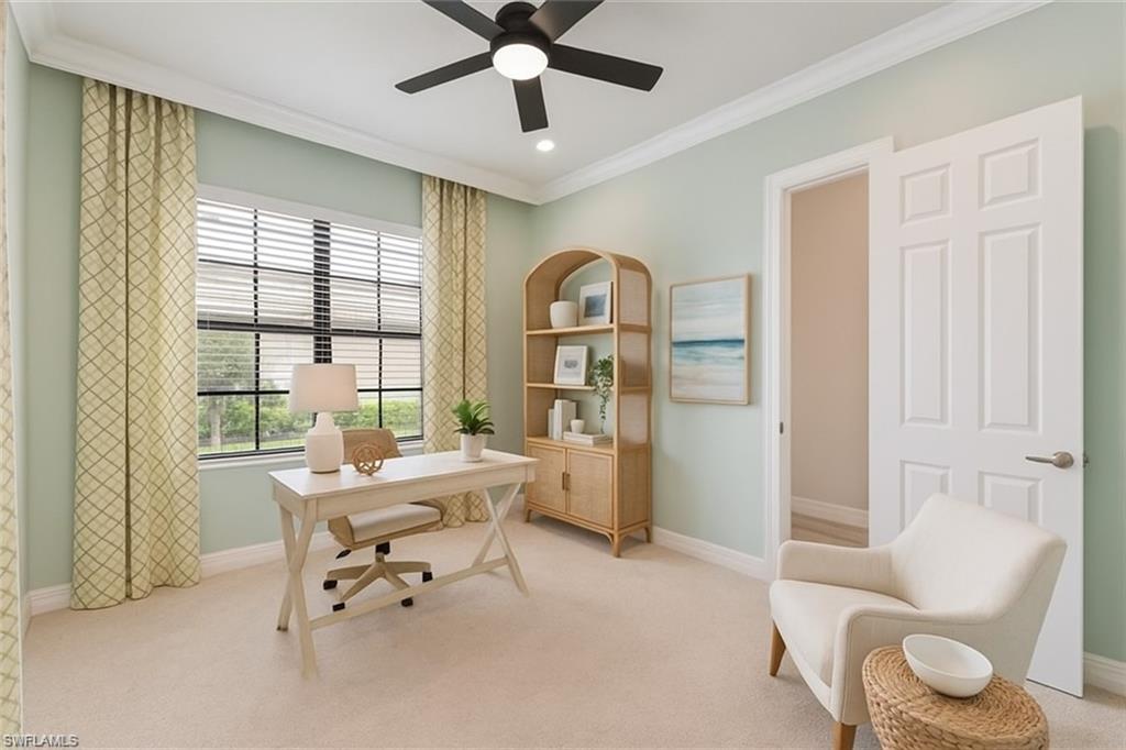 13418 Silktail Drive Naples, FL 34109 - Photo 6 of 36 Carpeted home office with crown molding and a ceiling fan