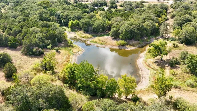 a view of a lake with large trees