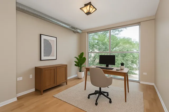 a workspace with furniture and a window