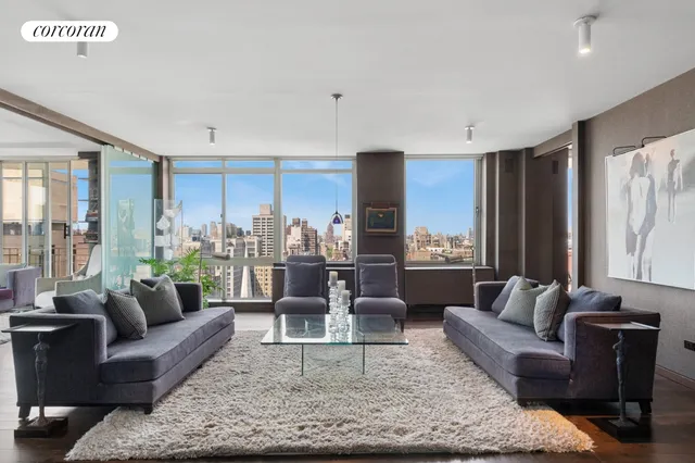 a living room with furniture potted plant and a large window