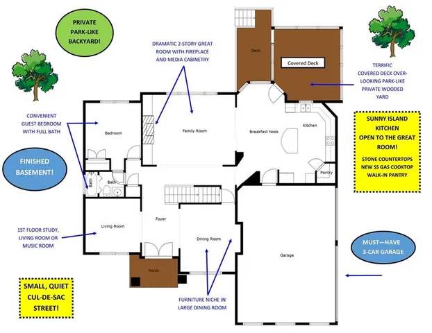 an empty room with large windows and kitchen view