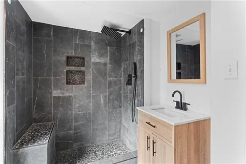 a bathroom with a shower sink and mirror