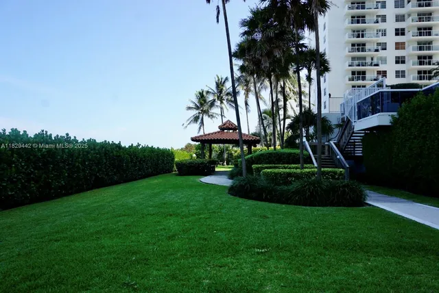 a view of a backyard with plants and patio