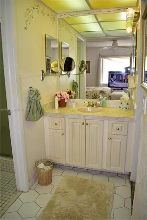 a bathroom with a sink and a mirror