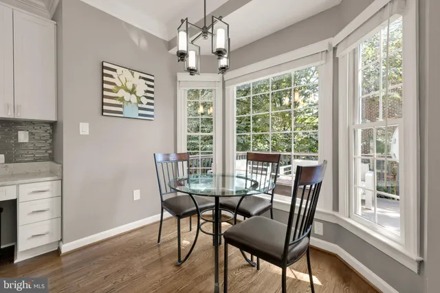 a view of a dining room with furniture window and wooden floor