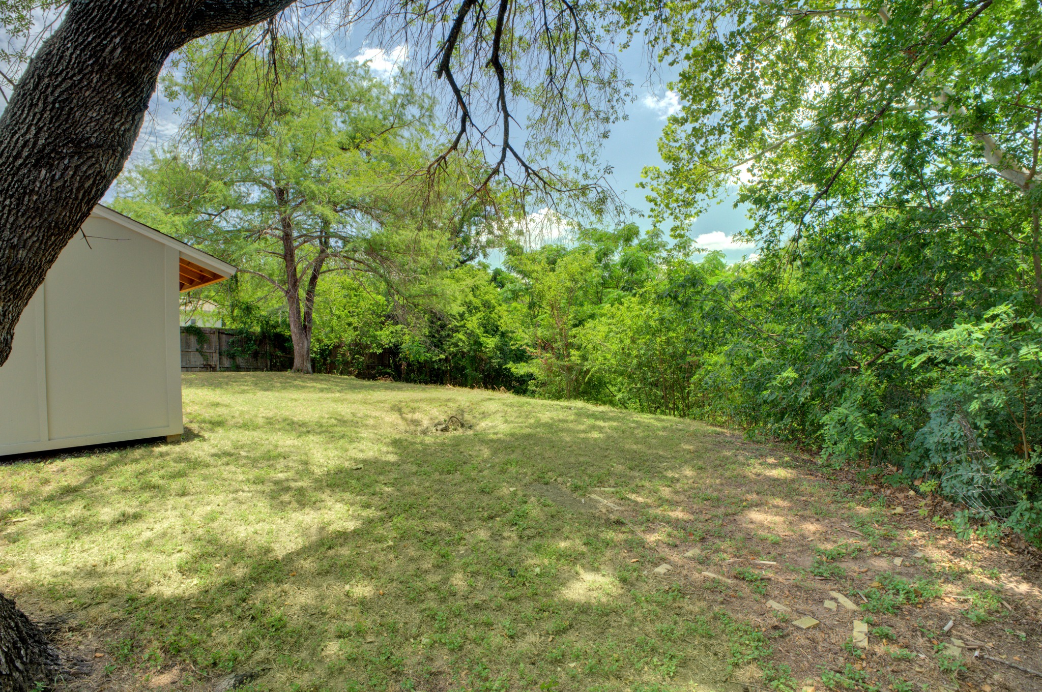11811 Rotherham Drive Austin, TX 78754 - Photo 29 of 37 A spacious backyard with mature trees providing shade and a lush green backdrop.