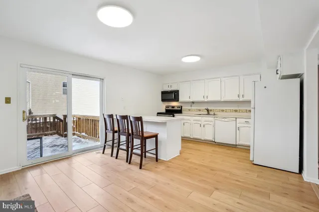 a kitchen with white cabinets and wooden floor