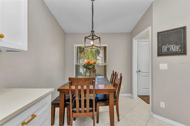 a view of a dining room with furniture window and outside view