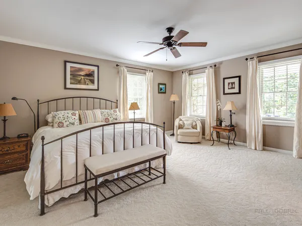 a spacious bedroom with a bed and dresser