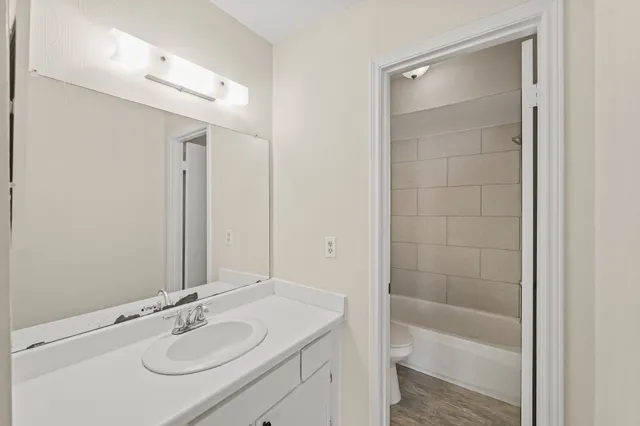 a bathroom with a shower sink vanity and mirror