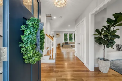 a view of a hallway with wooden floor and a potted plant